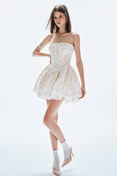 Lace Up Ruffle Mesh Patchwork Floral Print Mini Dresses-Beige Pre Order